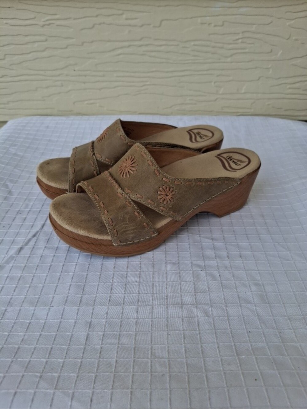 Dansko Tan Suede Slide Clogs with Floral Cutwork